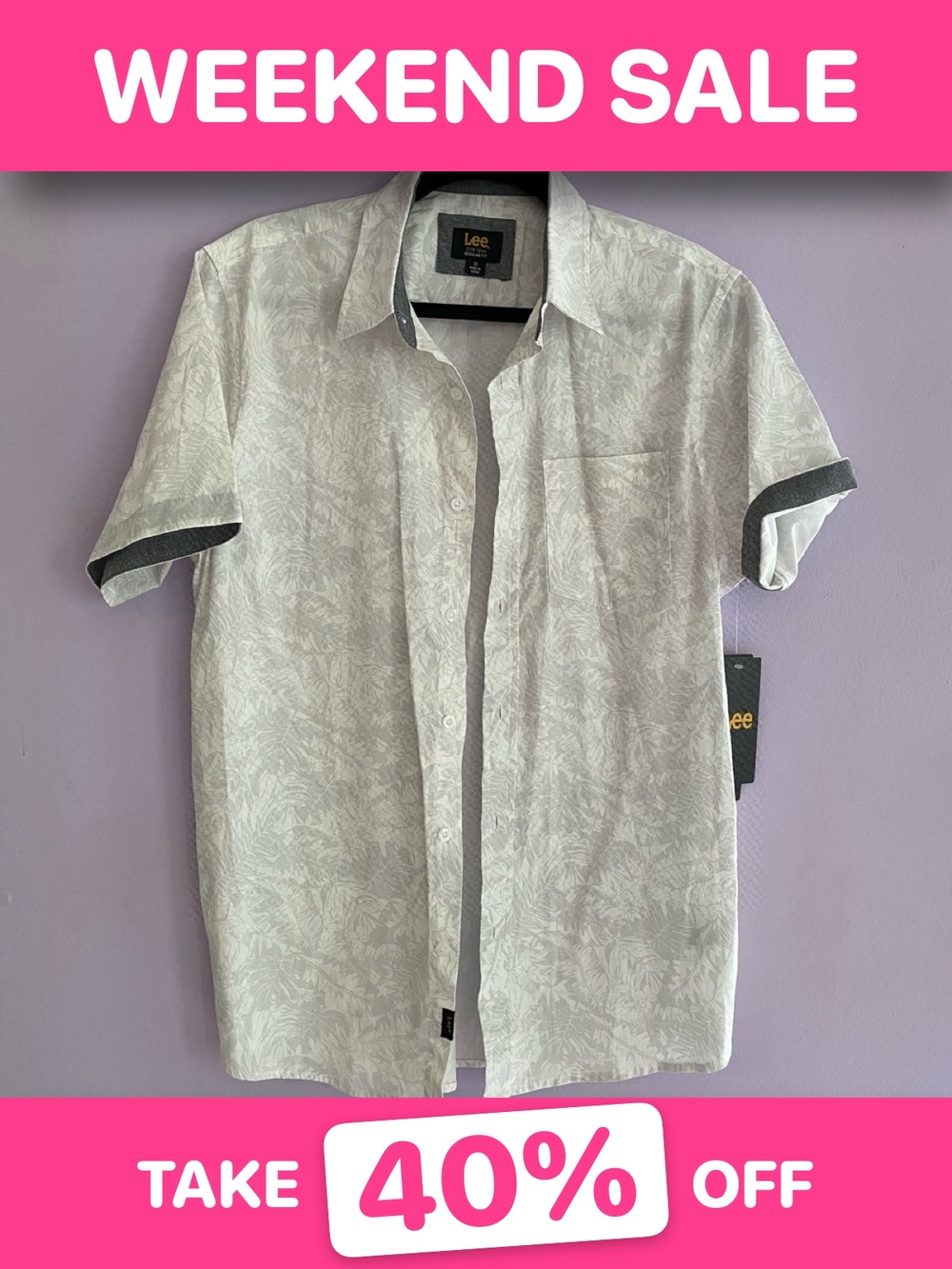 NWT Lee White Gray Short Sleeve Button-Down Leaf Print M